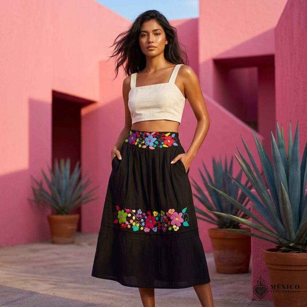 Mexican skirt only  with pockets hand  embroidery black bottom ruffle